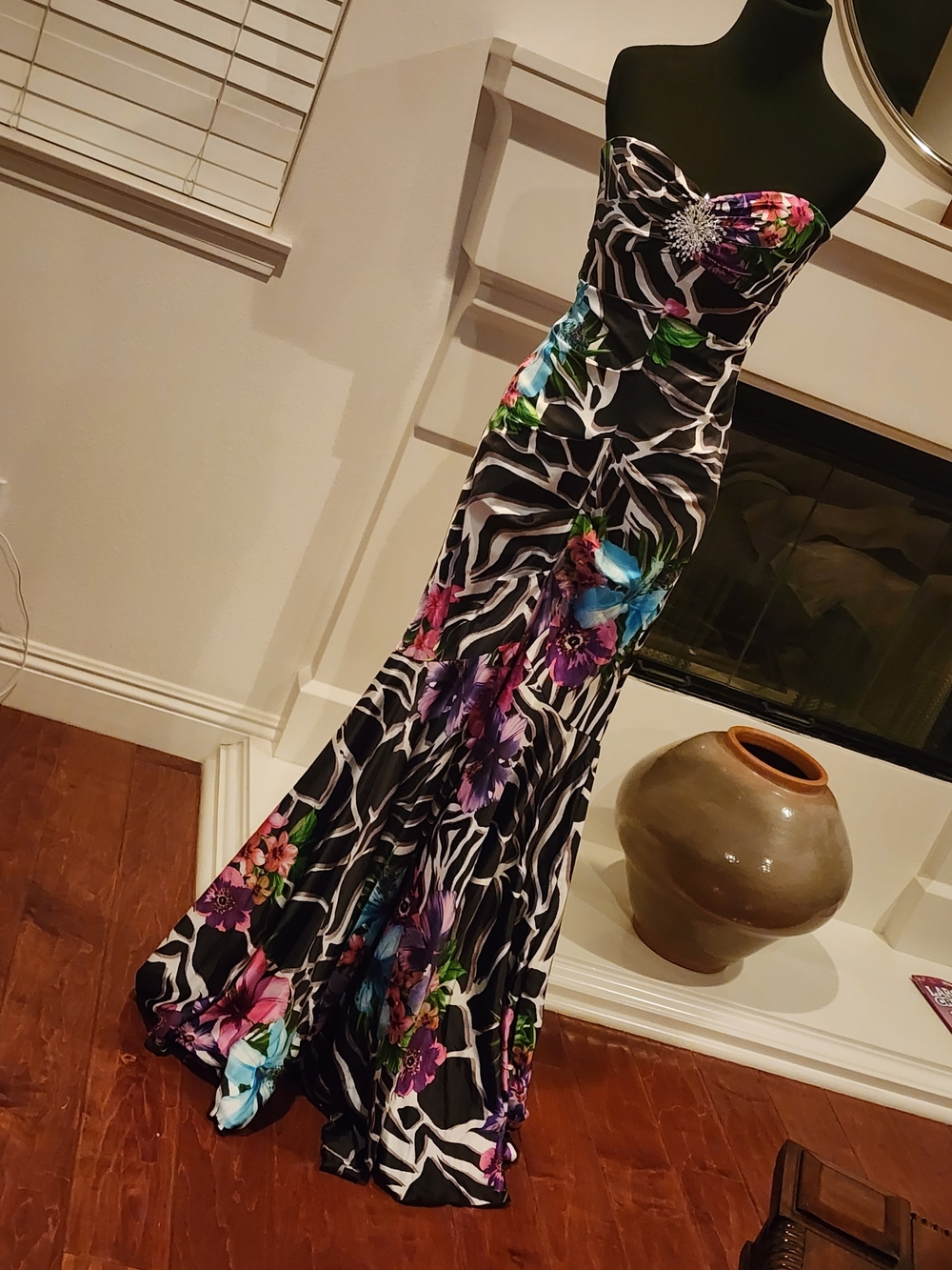 Cache Strapless Black Gown with Multicolor Floral Accents